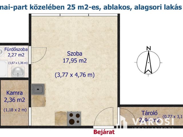 A Római-part közelében 25 m2-es, ablakos, alagsori lakás